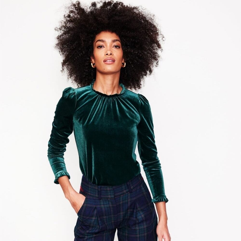 BODEN Velvet Frill Neck Longsleeve Top In Green Festive Dressy Size 12